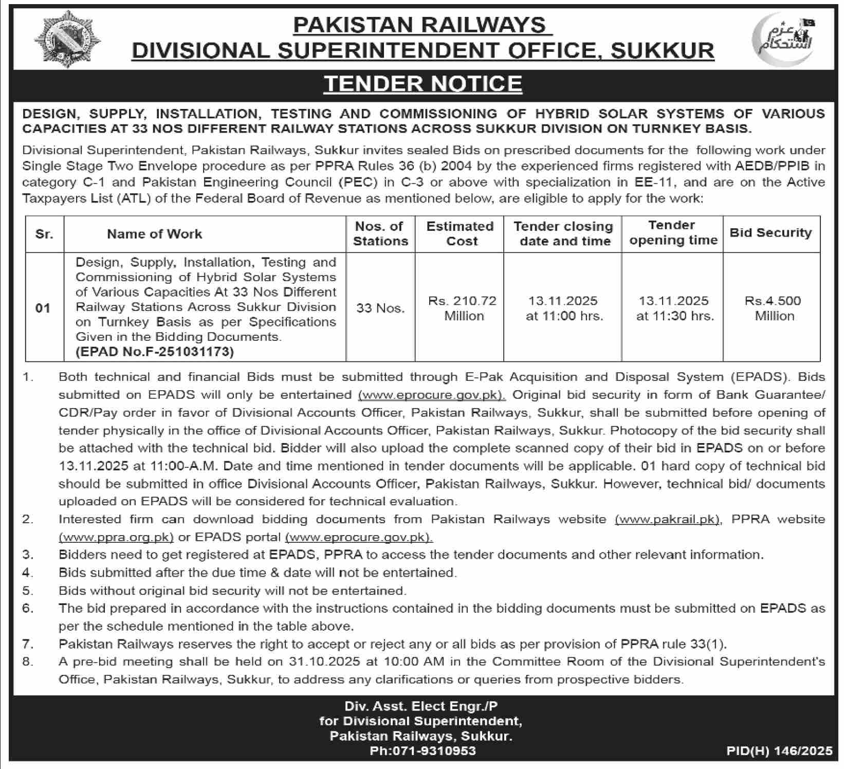 Pakistan Railways Sukkur Tender Notice